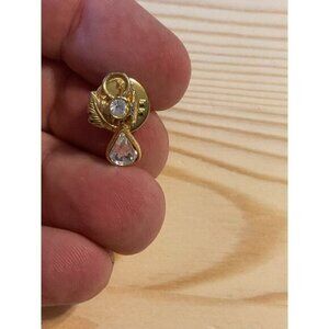 Gold & Clear Crystal Angel Lapel Pin Brooch With Teardrop & Round Gemstones